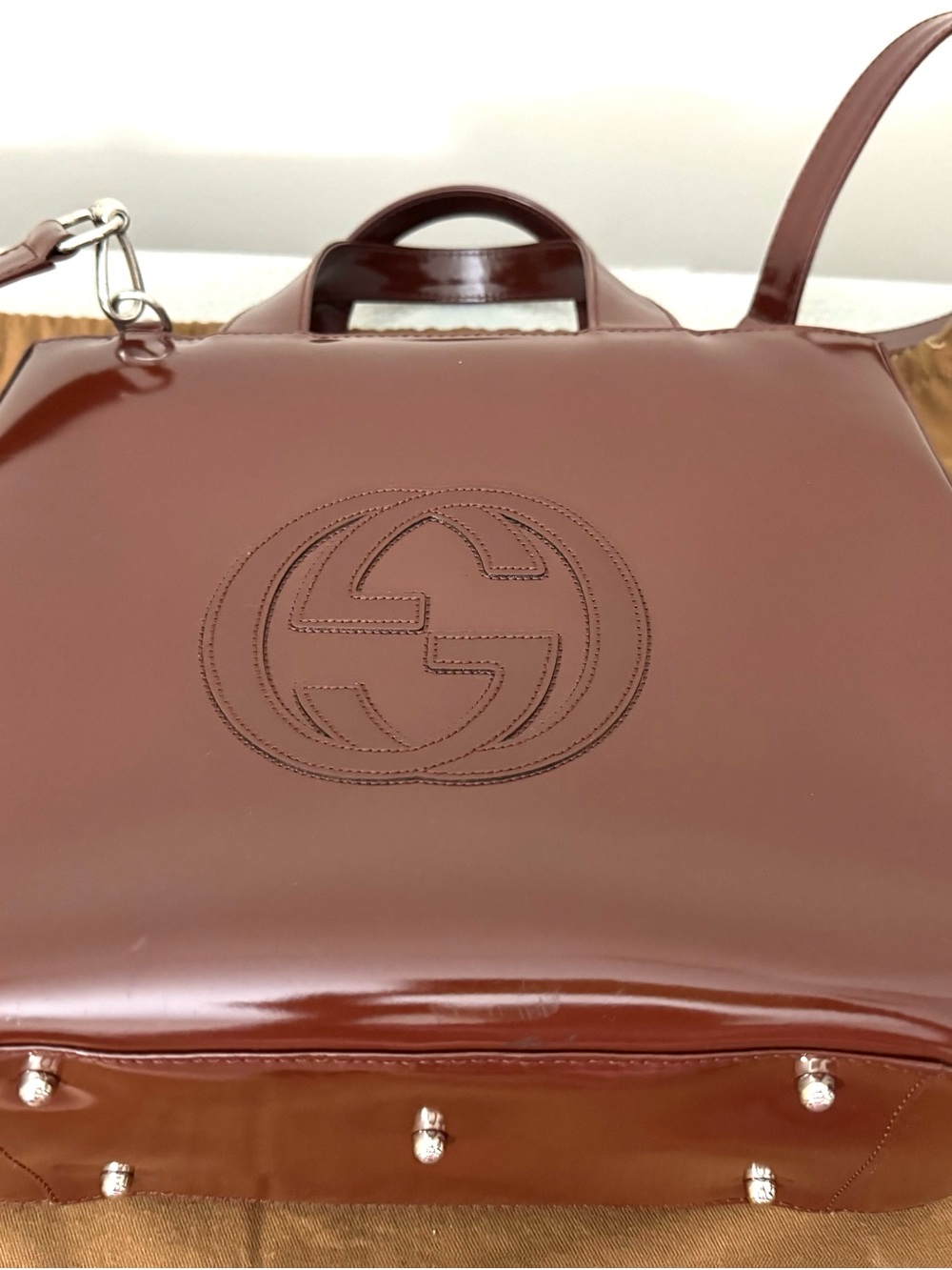 Authentic Gucci Glossy Brown Patent Leather Satchel with Double G Emboss - Picture 8 of 16